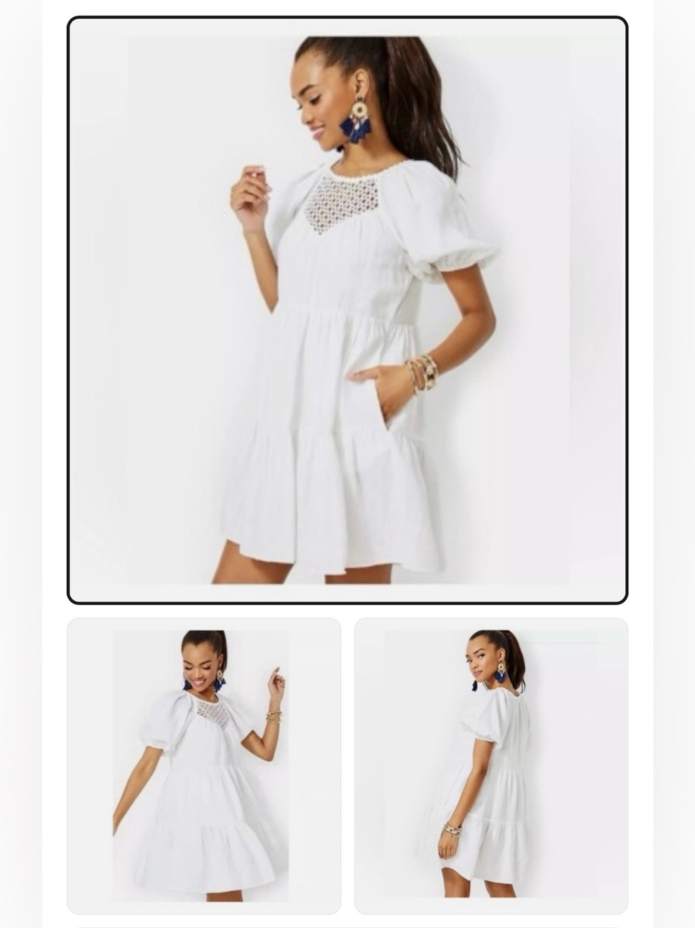 Lilly Pulitzer White Tiered Puff-Sleeve Dress with Lace Yoke | Size 0